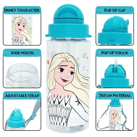 Bidon butelka na wodę ze słomką i paskiem Tritan Kraina Lodu Elza