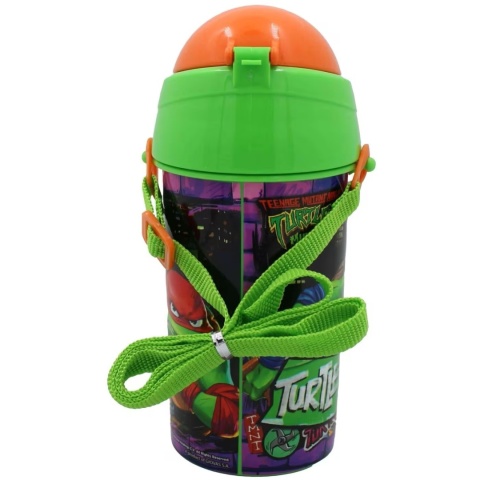 Bidon na wodę ze słomką WOJOWNICZE ŻÓŁWIE NINJA z paskiem 500 ml