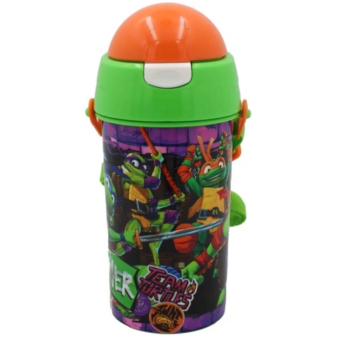 Bidon na wodę ze słomką WOJOWNICZE ŻÓŁWIE NINJA z paskiem 500 ml