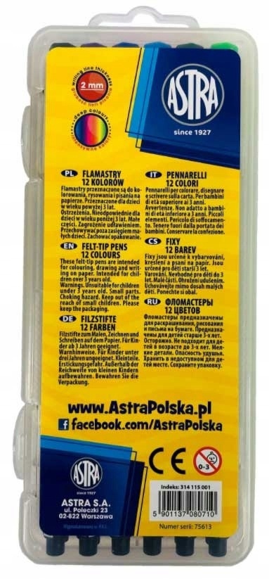 Flamastry Astra w plastikowym pudełku 12 kolorów