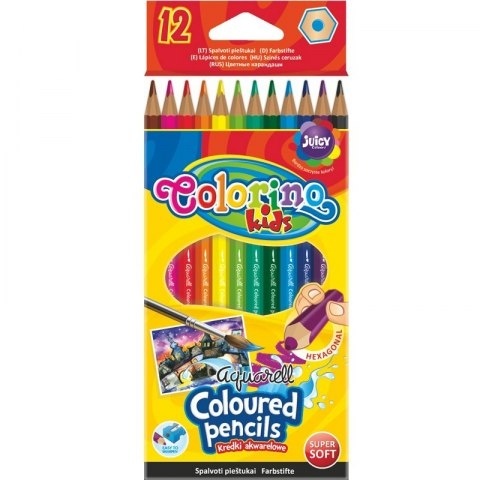 Kredki ołówkowe 12 kol hexagonalne akwarelowe + pędzelek Colorino