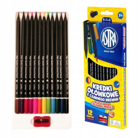 Kredki ołówkowe heksagonalne czarne drewno12 kol + temperówka Astra