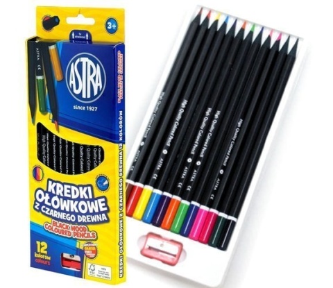 Kredki ołówkowe heksagonalne czarne drewno12 kol + temperówka Astra