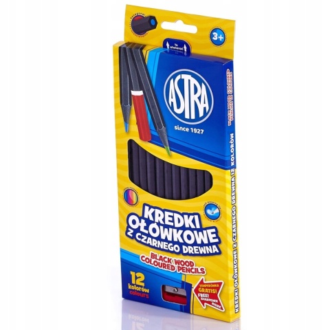 Kredki ołówkowe heksagonalne czarne drewno12 kol + temperówka Astra