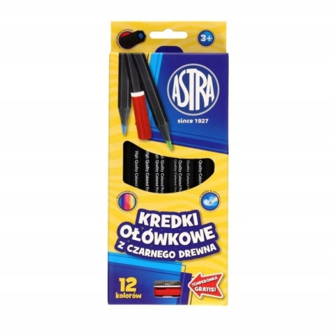 Kredki ołówkowe heksagonalne czarne drewno12 kol + temperówka Astra