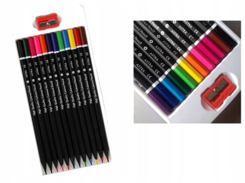 Kredki ołówkowe heksagonalne czarne drewno12 kol + temperówka Astra