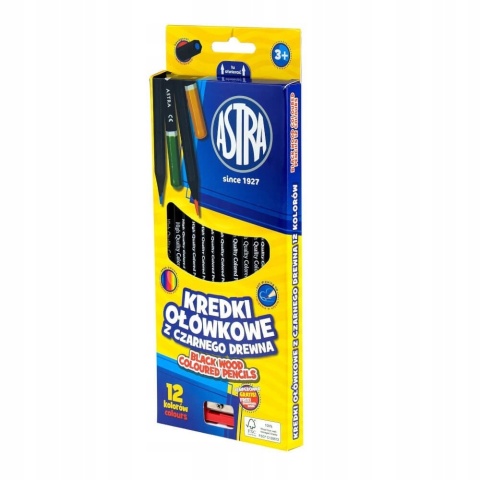Kredki ołówkowe heksagonalne czarne drewno12 kol + temperówka Astra