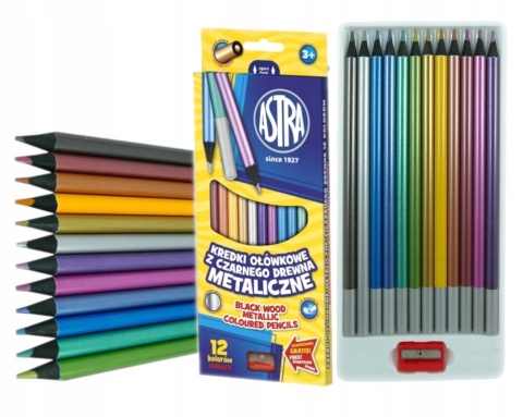 Kredki ołówkowe okrągłe czarne drewno metaliczne 12 kol + temperówka Astra