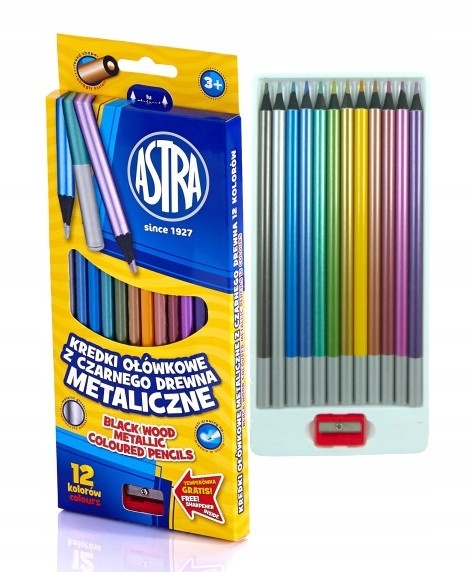 Kredki ołówkowe okrągłe czarne drewno metaliczne 12 kol + temperówka Astra
