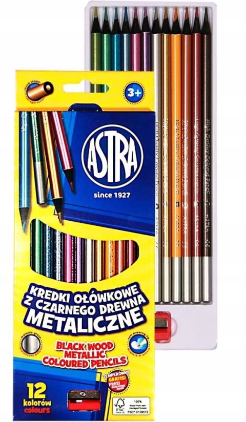 Kredki ołówkowe okrągłe czarne drewno metaliczne 12 kol + temperówka Astra