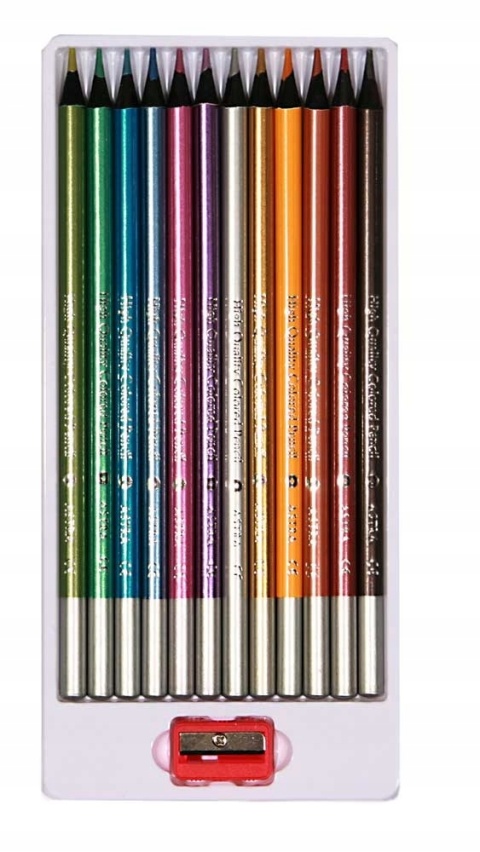 Kredki ołówkowe okrągłe czarne drewno metaliczne 12 kol + temperówka Astra