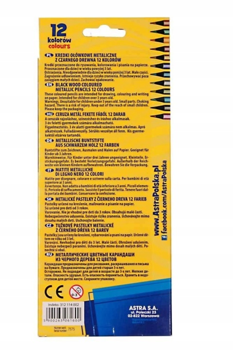 Kredki ołówkowe okrągłe czarne drewno metaliczne 12 kol + temperówka Astra