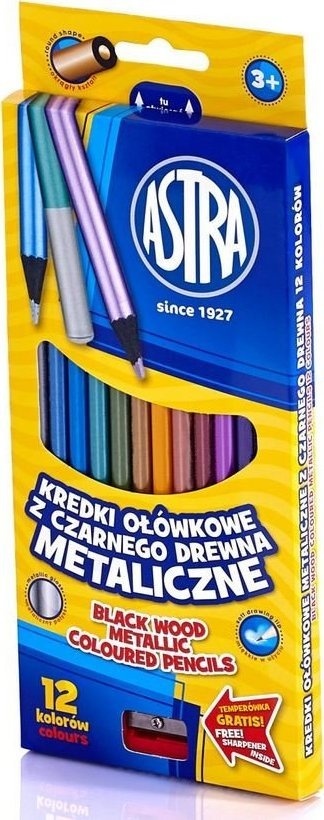 Kredki ołówkowe okrągłe czarne drewno metaliczne 12 kol + temperówka Astra