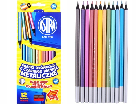 Kredki ołówkowe okrągłe czarne drewno metaliczne 12 kol + temperówka Astra