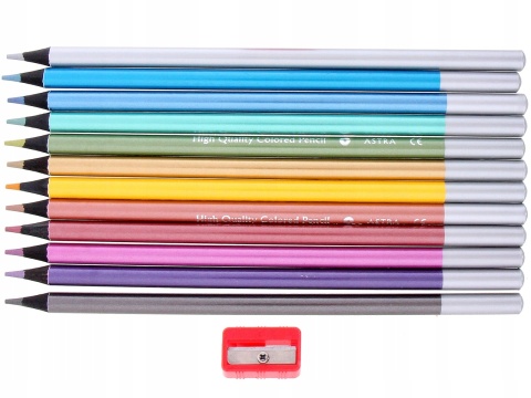 Kredki ołówkowe okrągłe czarne drewno metaliczne 12 kol + temperówka Astra