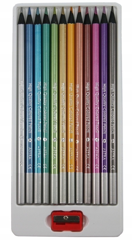 Kredki ołówkowe okrągłe czarne drewno metaliczne 12 kol + temperówka Astra