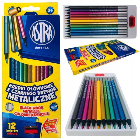 Kredki ołówkowe okrągłe czarne drewno metaliczne 12 kol + temperówka Astra