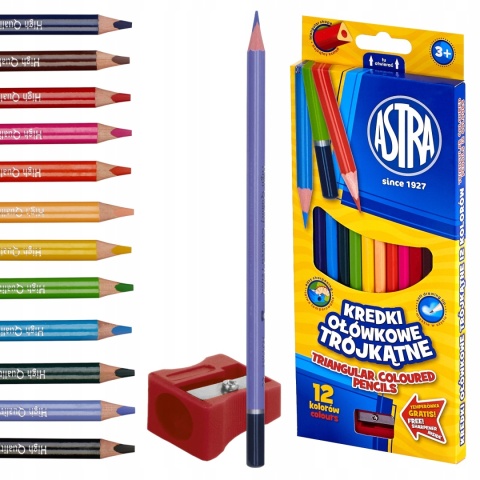 Kredki ołówkowe trójkątne 12 kol + temperówka Astra