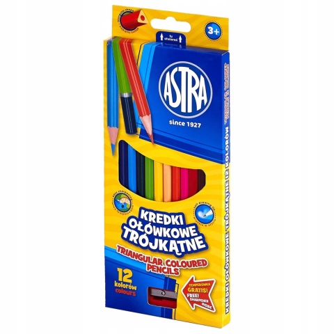 Kredki ołówkowe trójkątne 12 kol + temperówka Astra