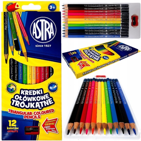Kredki ołówkowe trójkątne 12 kol + temperówka Astra
