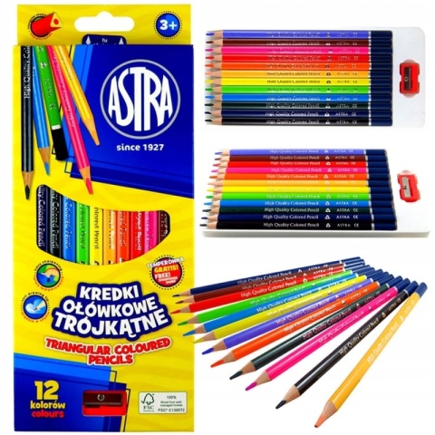 Kredki ołówkowe trójkątne 12 kol + temperówka Astra