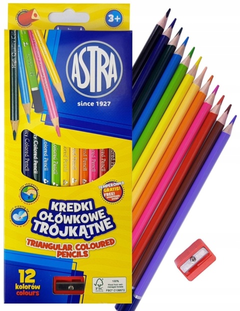 Kredki ołówkowe trójkątne 12 kol + temperówka Astra