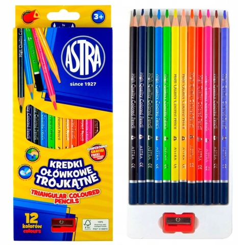 Kredki ołówkowe trójkątne 12 kol + temperówka Astra