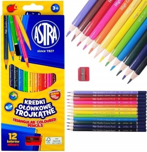 Kredki ołówkowe trójkątne 12 kol + temperówka Astra