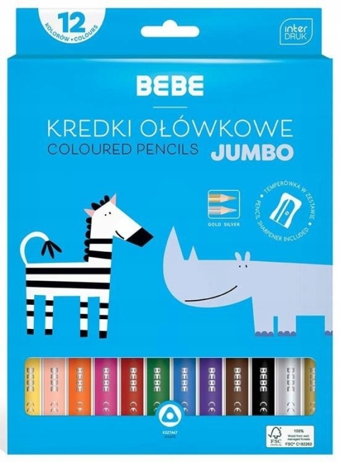 Kredki ołówkowe trójkątne 12 kolorów grube JUMBO BEBE Kids Interdruk