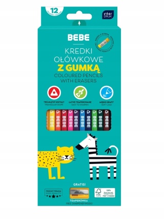Kredki ołówkowe trójkątne 12 kolorów z gumką BEBE Kids Interdruk