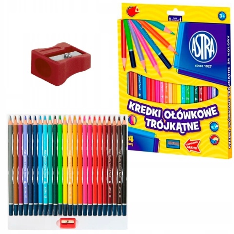 Kredki ołówkowe trójkątne 24 kol + temperówka Astra