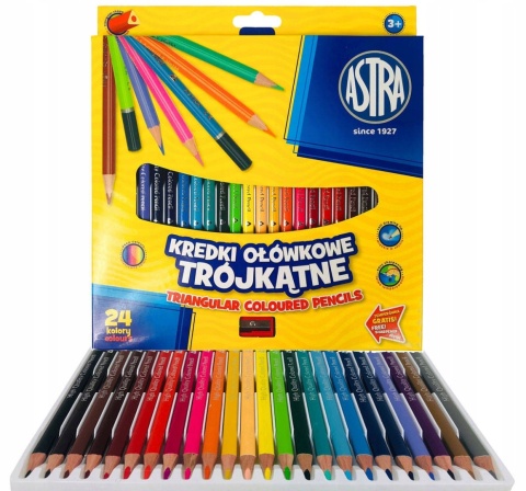Kredki ołówkowe trójkątne 24 kol + temperówka Astra