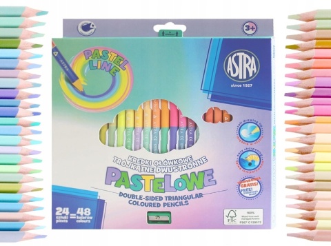 Kredki ołówkowe trójkątne dwustronne 48 kol + temperówka 24/48 Astra PASTEL