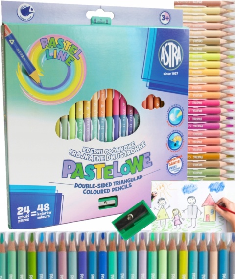 Kredki ołówkowe trójkątne dwustronne 48 kol + temperówka 24/48 Astra PASTEL