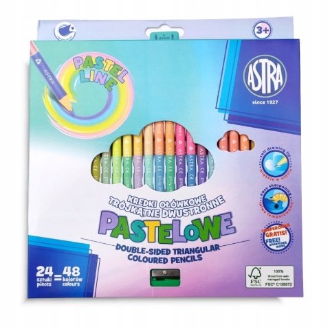 Kredki ołówkowe trójkątne dwustronne 48 kol + temperówka 24/48 Astra PASTEL