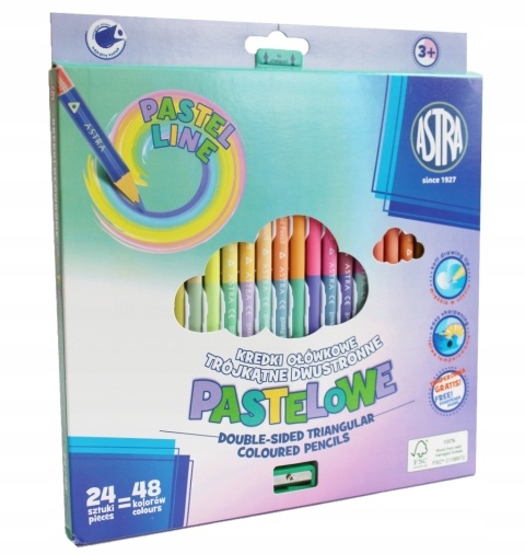 Kredki ołówkowe trójkątne dwustronne 48 kol + temperówka 24/48 Astra PASTEL