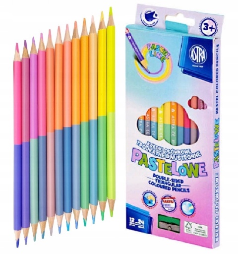 Kredki ołówkowe trójkątne dwustronne Pastel 24 kolorów + temperówka Astra