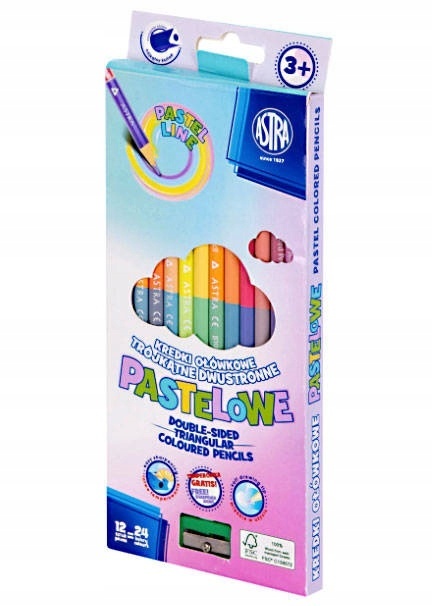 Kredki ołówkowe trójkątne dwustronne Pastel 24 kolorów + temperówka Astra