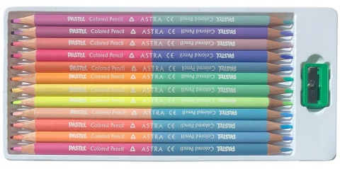 Kredki ołówkowe trójkątne dwustronne Pastel 24 kolorów + temperówka Astra