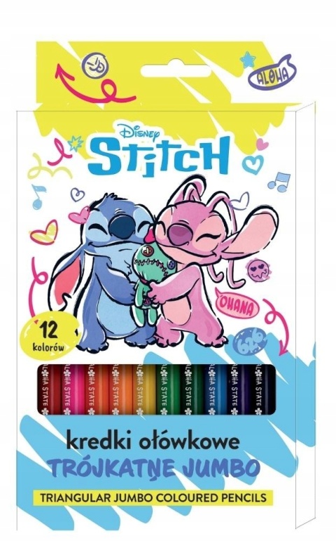 Kredki ołówkowe trójkątne grube JUMBO 12 kol LILO I STITCH Stich