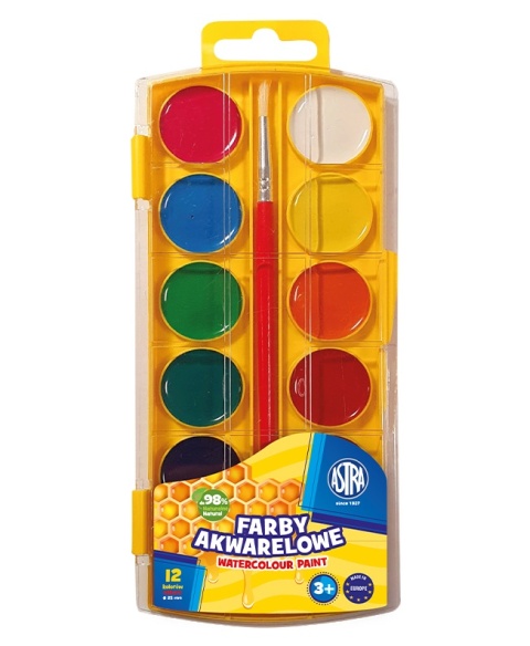 Farby akwarelowe miodowe szkolne 12 kolory śr 25 mm Astra