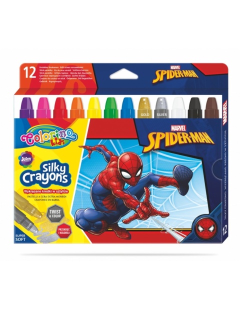 Kredki jedwabiste żelowe wykręcane 3w1 pastele akwarelowe Spiderman 12 kol