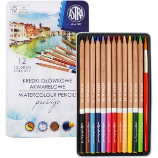 Kredki ołówkowe akwarelowe okrągłe w metalowym pudełku ASTRA PRESTIGE 12