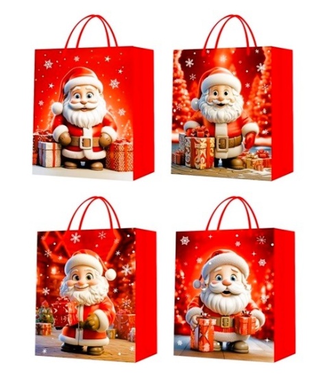 Torebka prezentowa świąteczna Święty Mikołaj brokat szerokie dno 26x32x20 cm