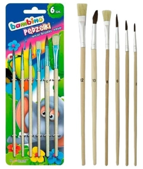 Zestaw 6 szt pędzli do farb kleju pędzelek BAMBINO naturalne włosie