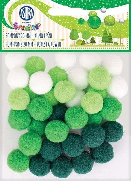 Pompony 2 cm runo leśne zielony, biały 36 szt., Astra