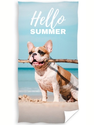 Ręcznik kąpielowy plażowy piesek pies budog francuski na plaży 70x140
