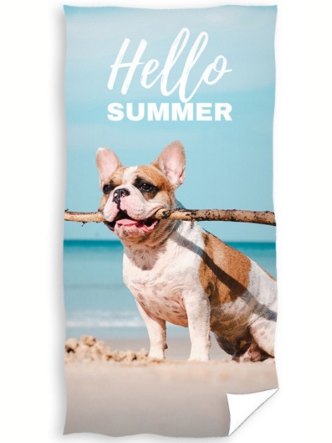 Ręcznik kąpielowy plażowy piesek pies budog francuski na plaży 70x140