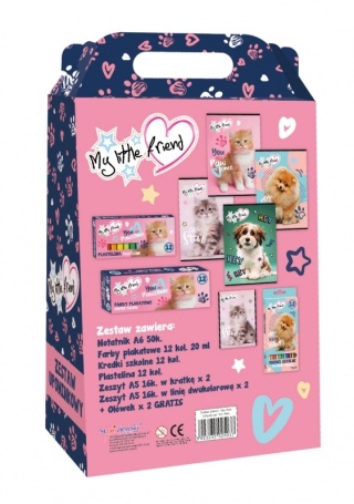 Zestaw plastyczny wyprawka kredki farby plastelina zeszyty kotek kot