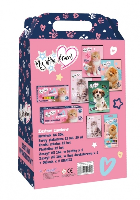 Zestaw plastyczny wyprawka kredki farby plastelina zeszyty kotek kot